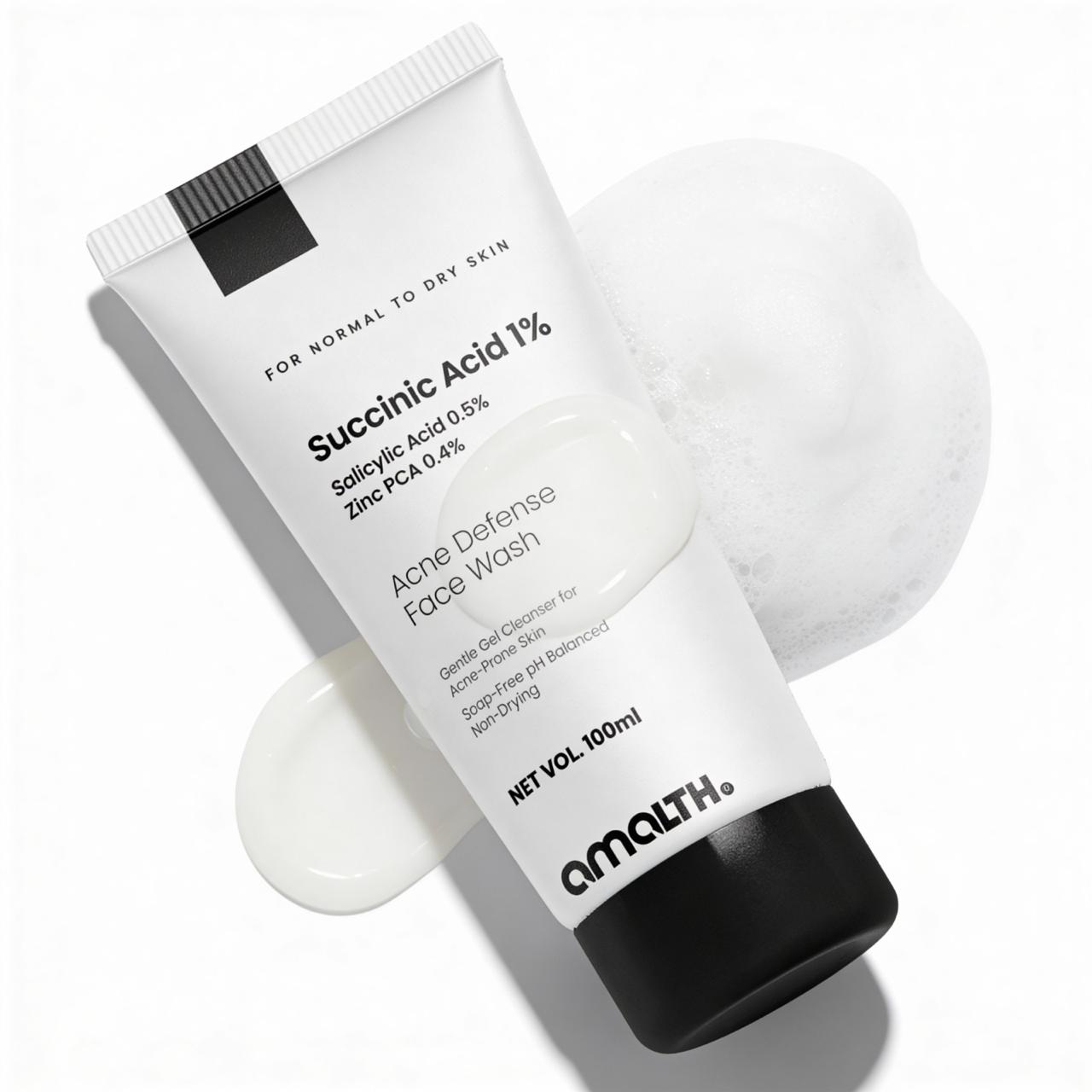 Acne Defense Face Wash with Succinic Acid 1% | Gentle Gel Cleanser for Acne-Prone, Normal to Dry Skin | Non-Drying, Soap-Free Formula | 100 ml
