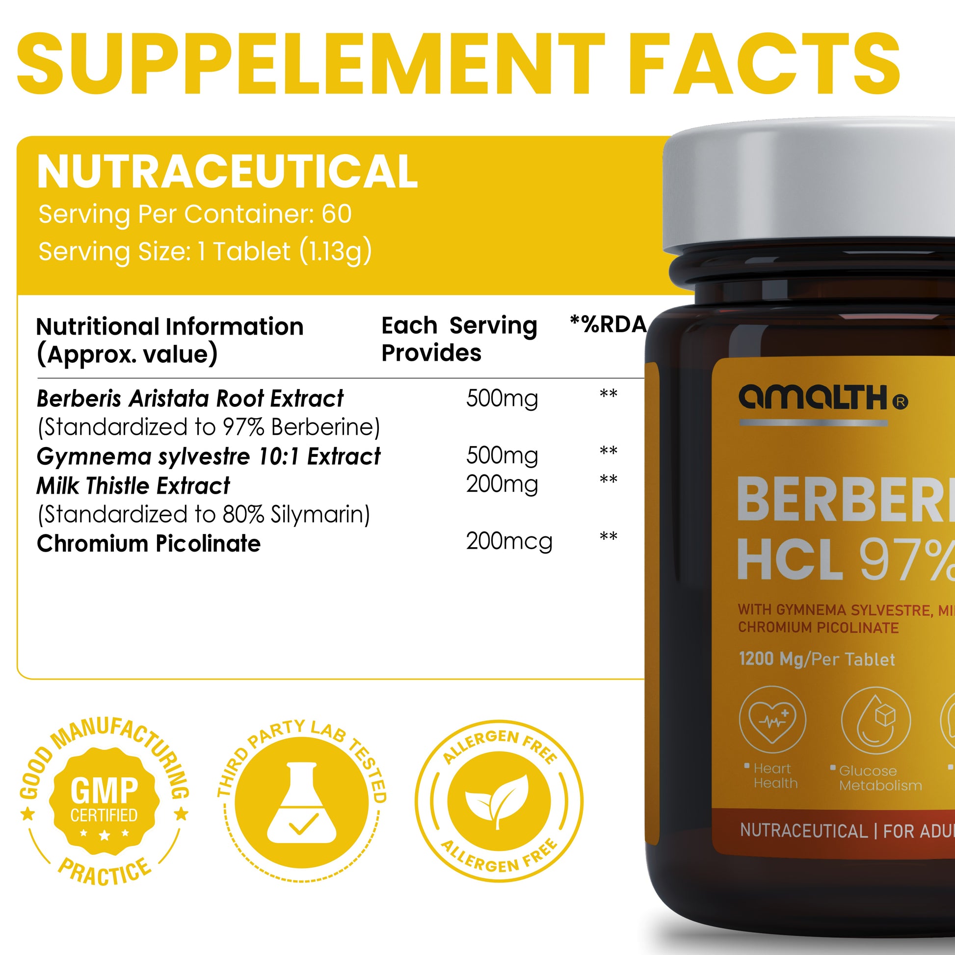 Amalth Berberine with Milk Thistle and Chromium ingredients label