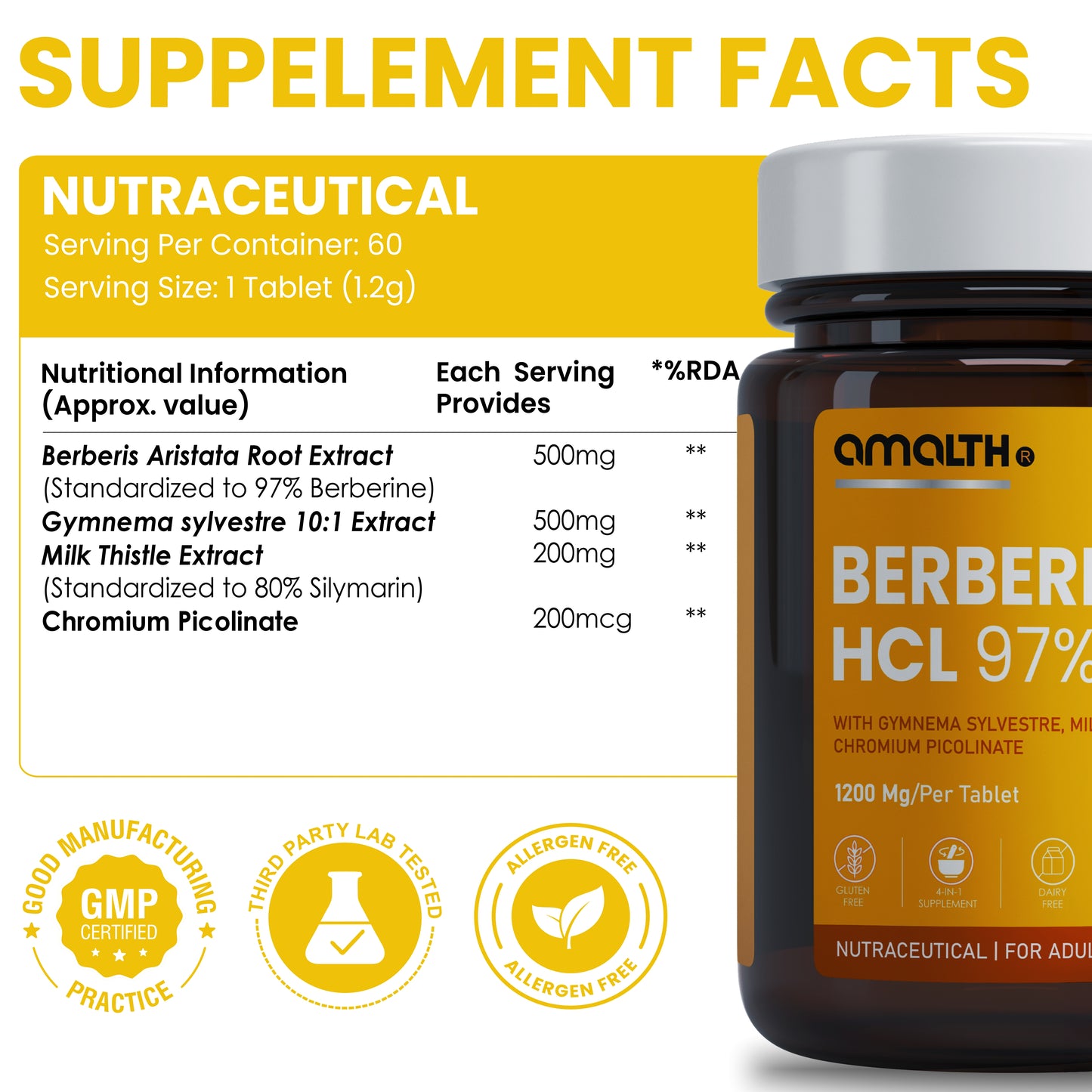 Berberine HCL 97% 1605mg | 9-in-1 Blood Sugar & Metabolic Health Supplement | 120 Veg Capsules