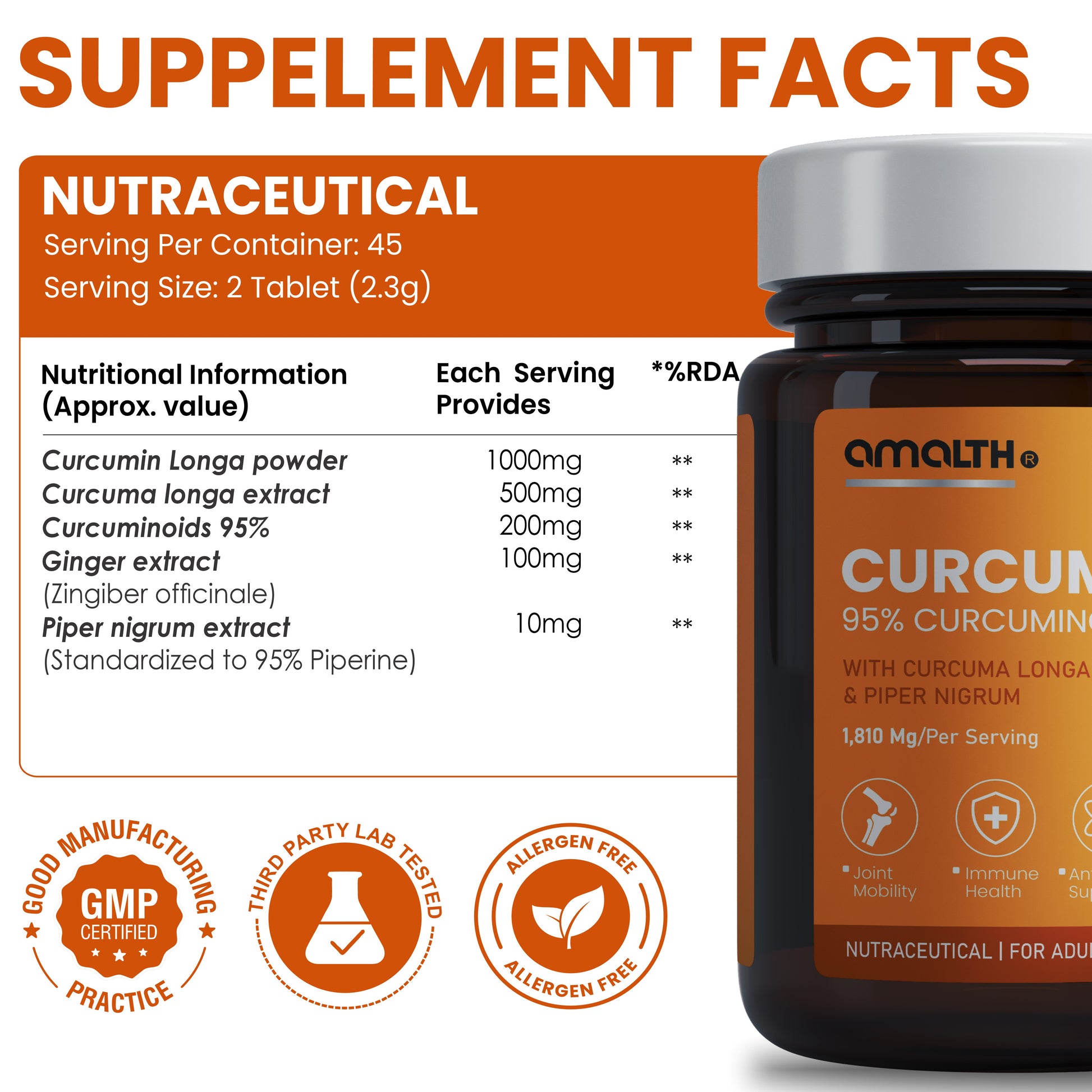 Turmeric Curcumin 95% with black pepper extract ingredients label