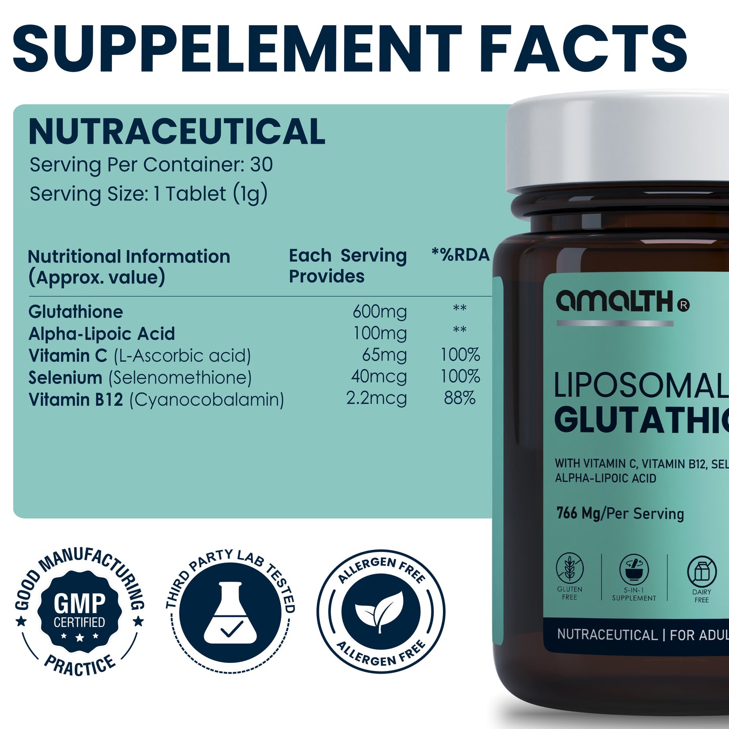 Liposomal Glutathione 766mg | 5-in-1 Skin Brightening, Detox & Antioxidant Support | With Vitamin C, B12, Selenium & Alpha Lipoic Acid | 120 Veg Capsules | Non-GMO, Gluten-Free