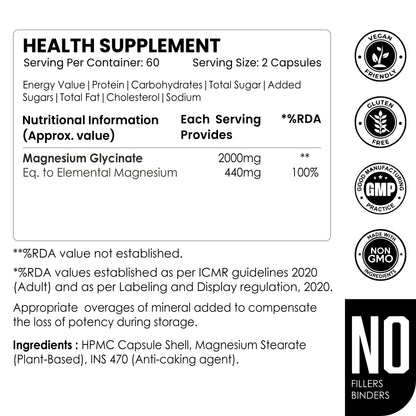 Chelated Magnesium Glycinate 2000mg | High Absorption Formula for Sleep, Muscle, Stress & Nerve Support | 120 Veg Capsules | Non-GMO, Gluten-Free, Vegan