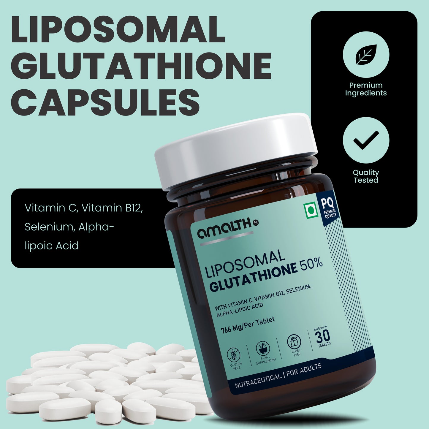 Liposomal Glutathione 766mg | 5-in-1 Skin Brightening, Detox & Antioxidant Support | With Vitamin C, B12, Selenium & Alpha Lipoic Acid | 120 Veg Capsules | Non-GMO, Gluten-Free